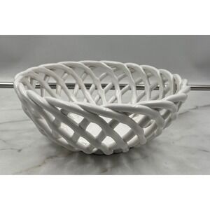 Meritage White Ceramic Lattice Fruit Bowl Hand Woven Basket 9.5" Dolomite